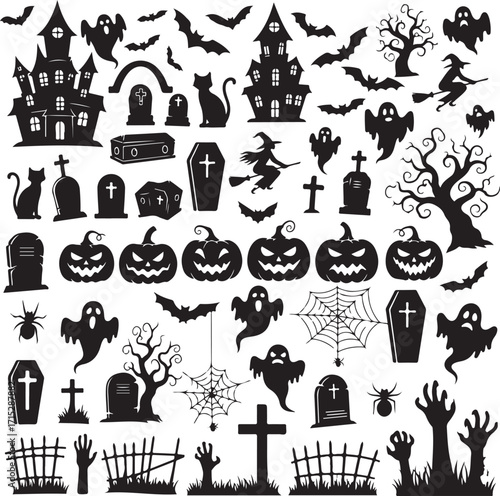 Halloween Silhouettes: A spooky assortment of silhouettes celebrating Halloween, capturing the eerie essence with a haunted mansion, playful ghosts, and jack-o'-lanterns. 