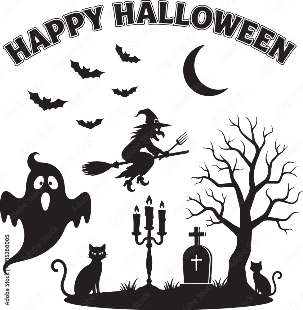 Obraz premium Halloween Silhouette Scene: A spooky Halloween scene in silhouette, featuring a witch on a broomstick, bats, ghost, black cat, graveyard, candle and moon in night sky, all perfect for holiday.