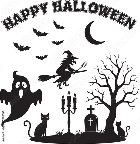 Halloween Silhouette Scene: A spooky Halloween scene in silhouette, featuring a witch on a broomstick, bats, ghost, black cat, graveyard, candle and moon in night sky, all perfect for holiday.