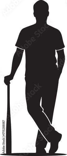 Baseball Player Silhouette: A striking silhouette of a baseball player, posed with a baseball bat, captures the essence of anticipation and skill in a moment of rest and focus.
