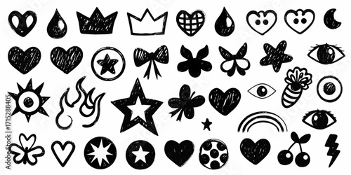 Collection of hand drawn black doodle icons featuring hearts stars crowns flowers eyes rainbow and lightning bolts