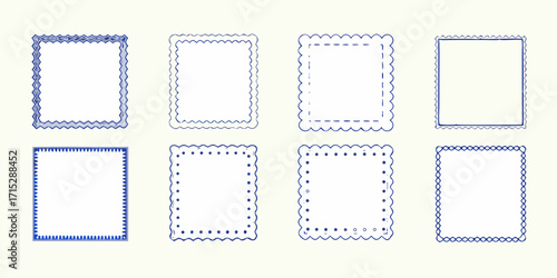 Collection of eight unique hand drawn blue square frames with decorative borders on a cream background