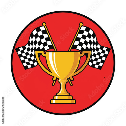 A golden trophy is displayed between two checkered racing flags against a vibrant red circular background.
