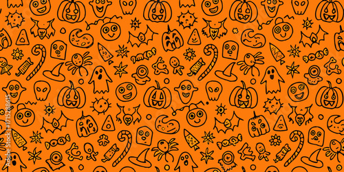 Whimsical halloween pattern with cute hand drawn pumpkins ghosts bats spiders and candies on orange background