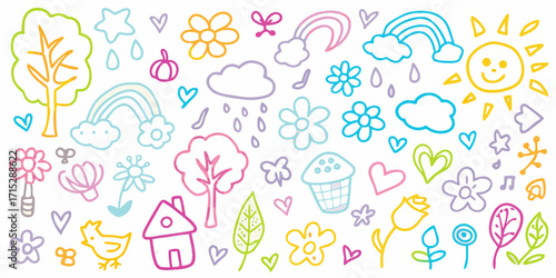 Whimsical hand drawn doodles featuring nature elements and sweet treats for children