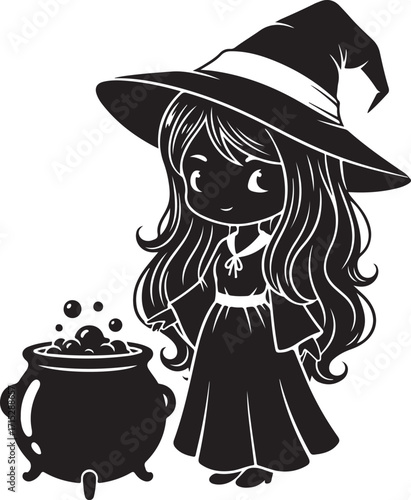 A Magical Witch's Cauldron: An enchanting cartoon witch, in a charming style, stands beside a bubbling cauldron, a whimsical illustration of witchcraft, embodying a spellbinding mystique.