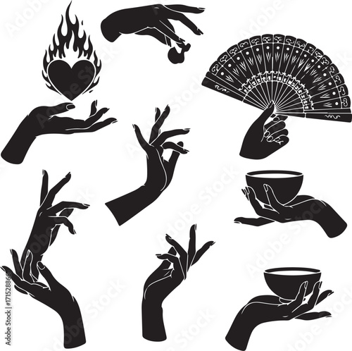 Hand Gestures: A collection of elegant hand silhouettes showcasing diverse gestures and symbols, perfect for conveying emotions, adding symbolism, or enhancing design elements.