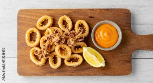 Golden Fried Calamari Rings with Spicy Sauce and Lemon Wedge on Wooden Board