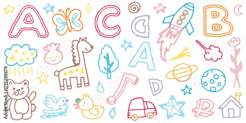 Collection of hand drawn colorful doodles featuring letters animals objects and shapes for children education and design