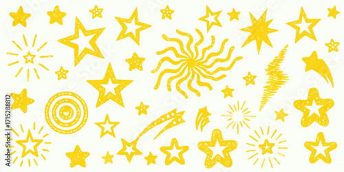 Collection of hand drawn yellow stars and celestial elements on a white background