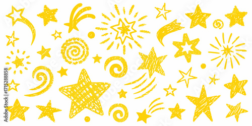Collection of hand drawn yellow stars shooting stars and swirls on white background