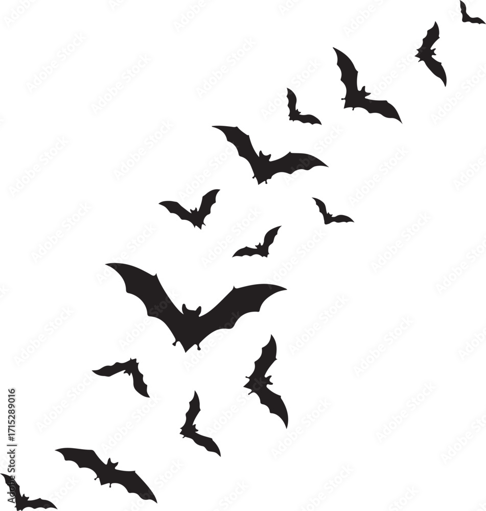 Fototapeta premium Silhouette Flight: A multitude of bats, in perfect unison, take flight against a backdrop of a clear sky. Capturing their eerie beauty and the mysterious allure of the night.