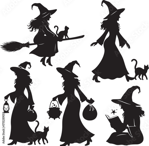Silhouette Witch and Cat: A collection of captivating silhouettes portrays the essence of Halloween. Each witch is accompanied by her faithful companion, a sleek black cat.