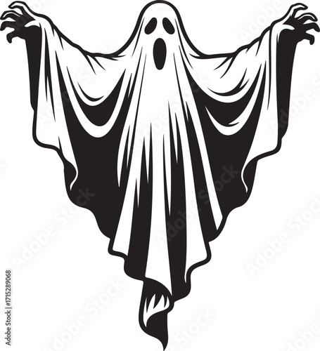 Spooky Specter: A spectral figure with arms outstretched in a haunting image, captured with an illustrative style, evoking a sense of mystery and dread for Halloween.