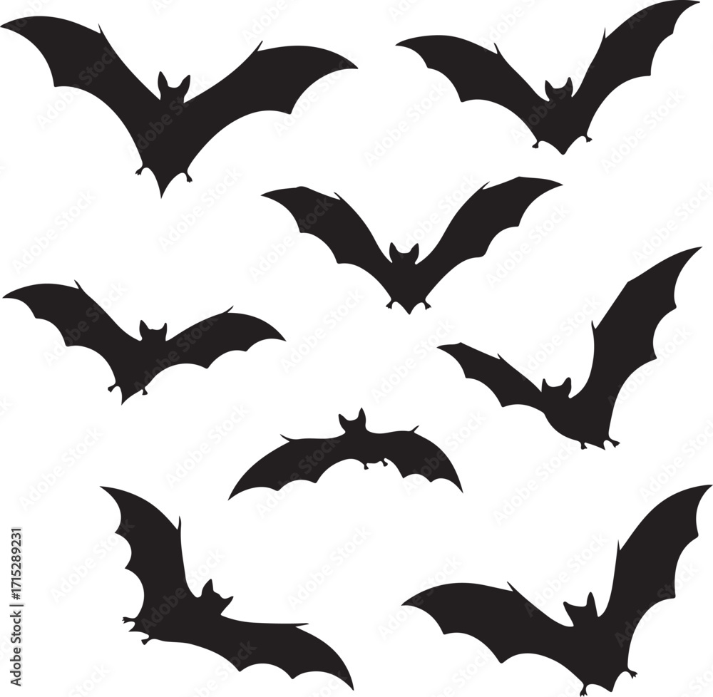 Naklejka premium Silhouette of Bats: A collection of bat silhouettes dance across the frame, their wings outstretched in a hauntingly beautiful display, suggesting the eerie allure of the night.