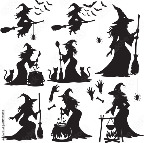Shadowy Enchantment: A captivating collection of witch silhouettes, embracing the mystery and magic of Halloween. A bewitching scene of a witch stirring a potion, flying on a broomstick.
