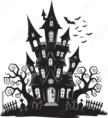 Spooky Haunted House: A chilling silhouette of a haunted house under a darkened sky, complete with eerie bats, ominous tombstones, and twisted trees creating a scene of suspense and dread.