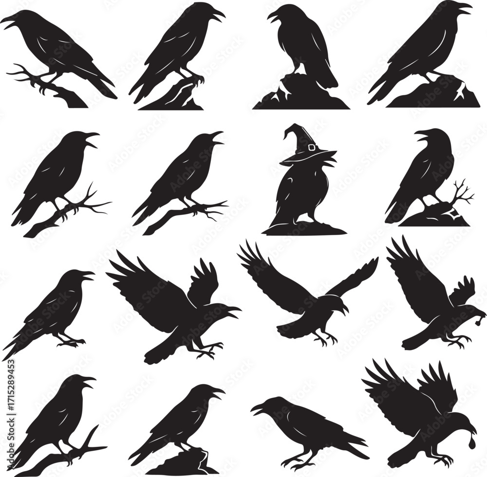 Fototapeta premium Mysterious Crows Silhouette Collection: This evocative image showcases a captivating array of crow silhouettes, their dark forms poised against a stark backdrop.