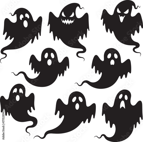 Spectral Spectacle: A collection of ghostly apparitions in a black silhouette, designed for a Halloween or spooky concept, is presented against a simple backdrop.