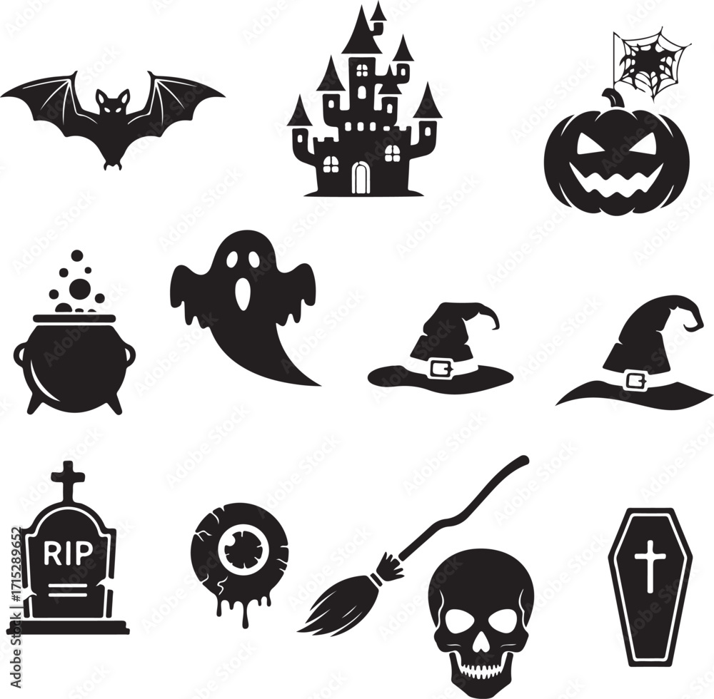 Obraz premium Halloween Icons: This collection features classic Halloween icons, from the eerie silhouette of a haunted house to the whimsical charm of a witch's hat, capturing the playful spirit of the holiday.
