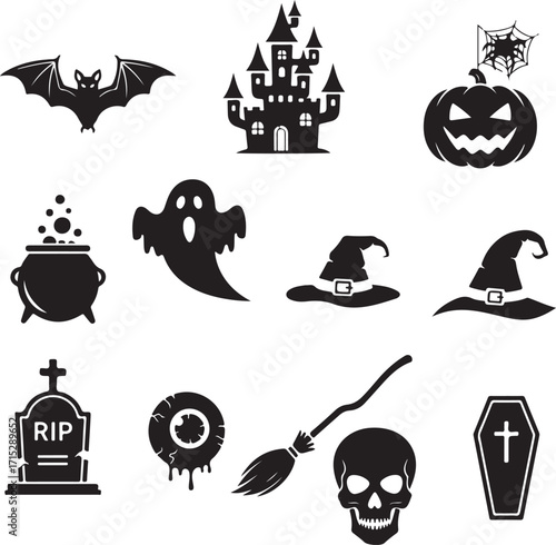 Halloween Icons: This collection features classic Halloween icons, from the eerie silhouette of a haunted house to the whimsical charm of a witch's hat, capturing the playful spirit of the holiday.
