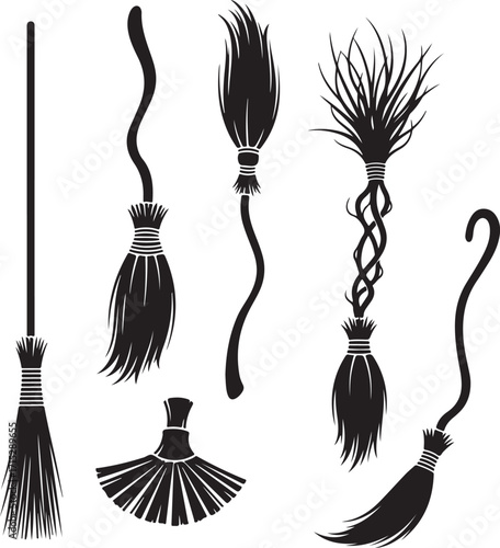Witch Broom Silhouettes: A collection of diverse, stylized broom silhouettes, perfect for conveying a spooky, magical, or whimsical atmosphere in a graphic resource setting. 