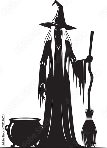 Spooky Witch Silhouette: A chilling silhouette of a traditional witch in a pointed hat and flowing gown, standing beside a bubbling cauldron, her gaze piercing.