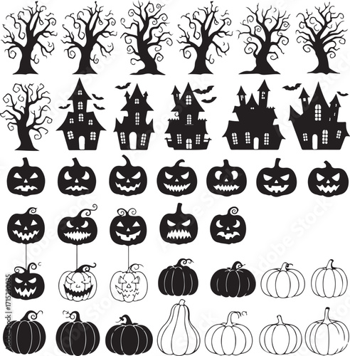 Halloween Silhouette Collection: A spooky compilation of classic Halloween elements, featuring ominous trees, haunted houses, and grinning jack-o'-lanterns in elegant black silhouette.