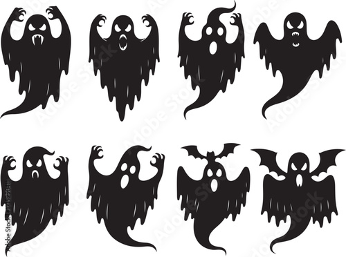 Spooky Silhouette: A collection of ghostly silhouettes in a spooky scene, perfect for adding an eerie touch to your Halloween projects. 