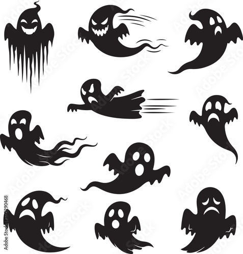 Spooky Silhouette of Ghosts: A captivating arrangement of silhouette ghosts. Showcasing various expressive of eerie phantoms for a ghoulish Halloween motif.