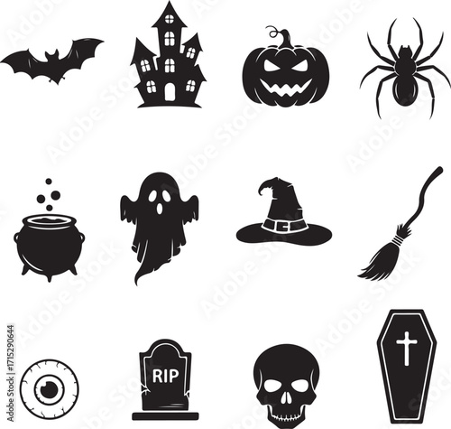 Spooky Halloween Silhouette Set: A collection of iconic Halloween elements, from bats to haunted houses, perfect for adding a festive touch.