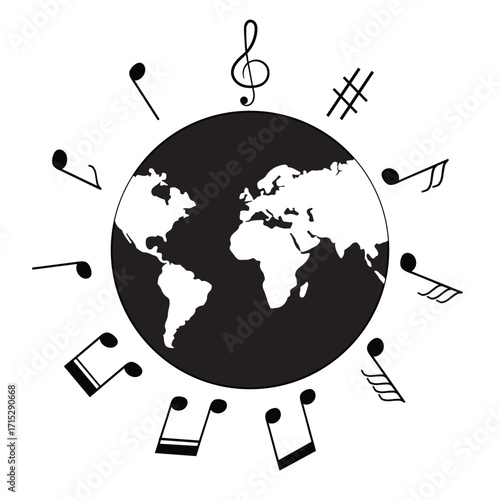 musical instruments vector illustration design. World Music Day with musical instruments illustration. Different musical instruments silhouette icon. Planet Earth with musical instruments illustration