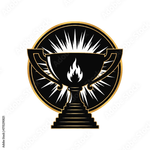 A stylized black trophy with a flame inside, set against a radiant sunburst circle.