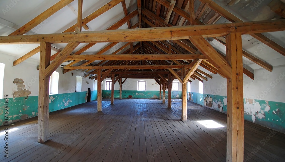 Obraz premium Empty, wooden-beamed interior, weathered walls, and sunlight