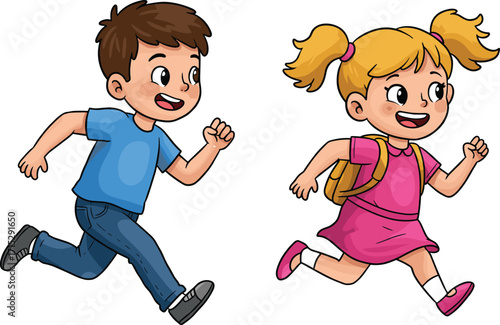 Happy children running outdoors in school outfits, playful cartoon illustration for educational, preschool, kindergarten, and back-to-school themed content