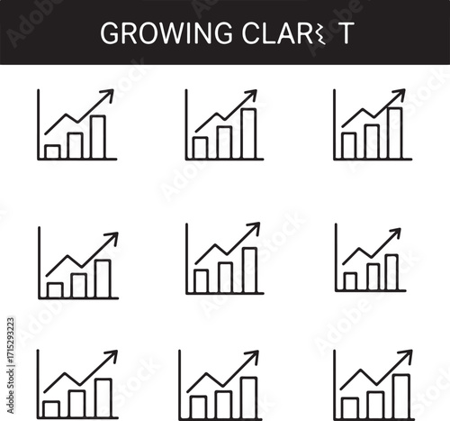 Growing bar chart icons with upward trending arrow for financial progress finance analytics
