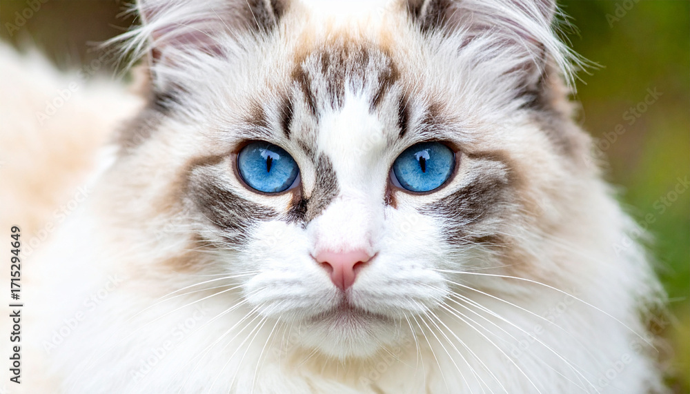 Fototapeta premium Enchanting Gaze of a Ragdoll Cat: Captivating portrait of a Ragdoll cat, eyes shimmering like sapphire jewels.
