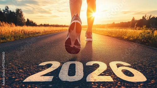 A person running on a road towards the setting sun, with the year 2026 painted, symbolizing new beginnings, future goals, and the journey into the new year