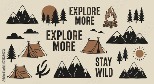 Outdoor Adventure Graphic Design Collection featuring camping tents and mountain scenery
