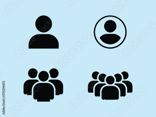 User profile and people icon set, vector silhouettes of individuals and groups, contact buttons, community pictograms, and social symbols for apps, websites, and digital projects.