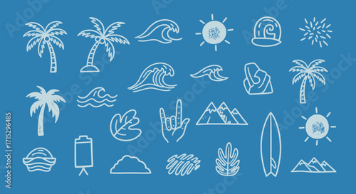 Summer vibes icons beach sea sun palm hand and surfboard drawings vector set