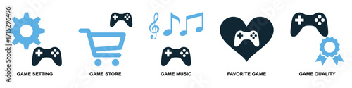 Set of gaming icon vector. Ideal for games, apps, and entertainment themes. A collection of simple, clear symbols representing various gaming functions.