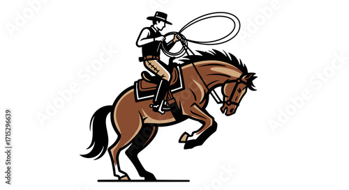 Cartoon Rodeo Cowboy Riding Bucking Horse with Lasso Icon isolated