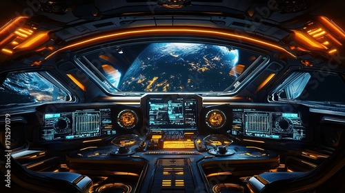 Futuristic spaceship cockpit with earth view.