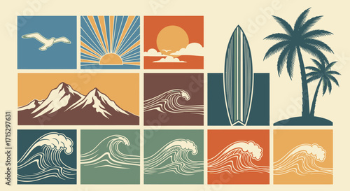 Retro Summer Vacation: Beach Elements and Tropical Scenery Graphics Collection