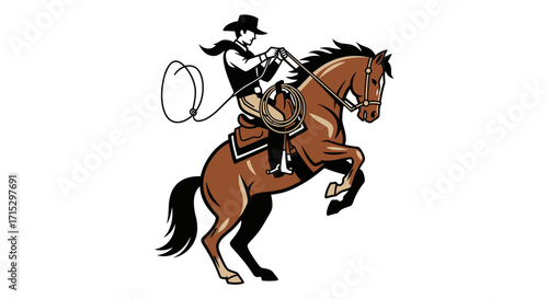 Cartoon Cowboy on Rearing Horse with Lasso Illustration