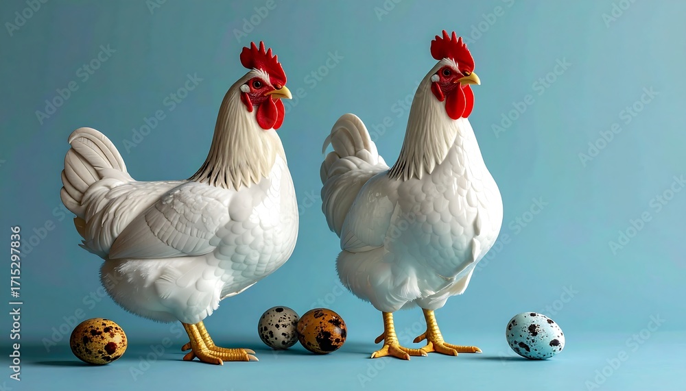 Fototapeta premium Poultry Pair and Eggs in a Pristine Studio Setting