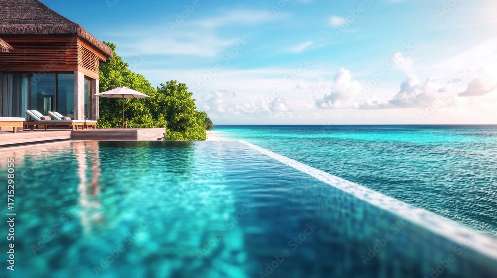 Obraz premium Luxury travel vacation concept, featuring an overwater villa on blurred background