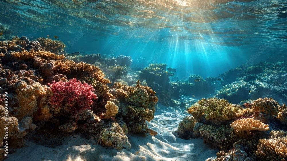 Obraz premium Underwater Coral Reef Scene with Sunlight Penetrating the Clear Blue Water Depicting Diverse Marine Life.