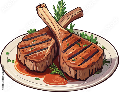 Smoked Lamb Chops Grilled BBQ Food Vector Illustration